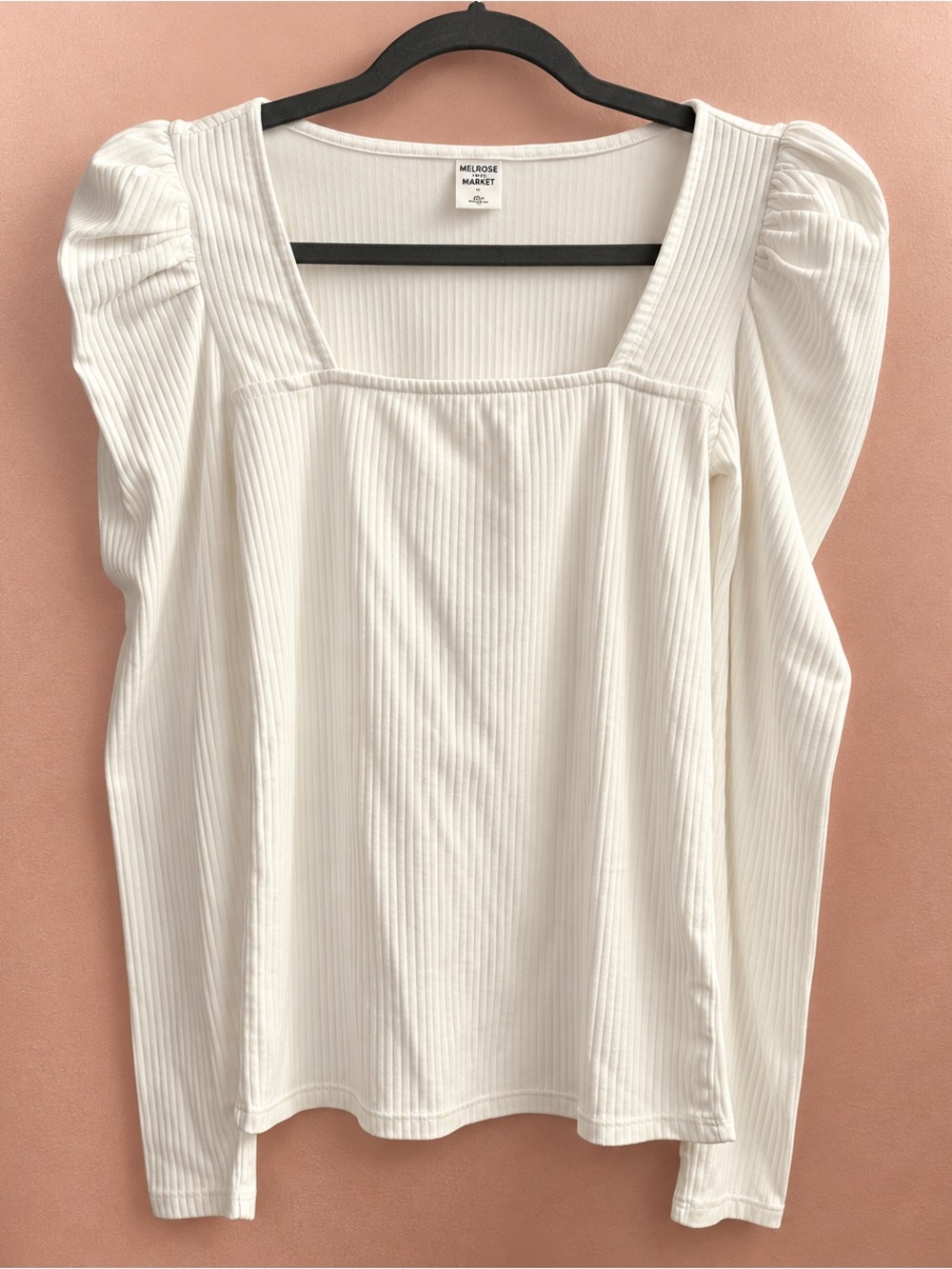 Melrose and Market White Ribbed Square-Neck Long Sleeve Top with Puff Shoulders